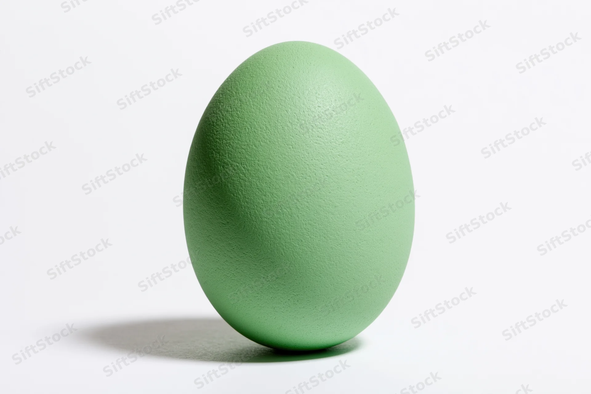 Green-painted easter egg standing upright on white background