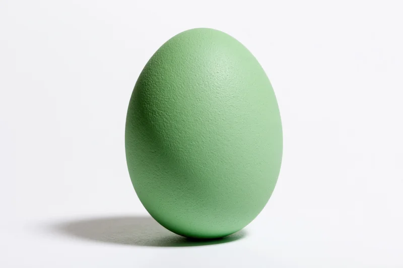 Green-painted easter egg standing upright on white background