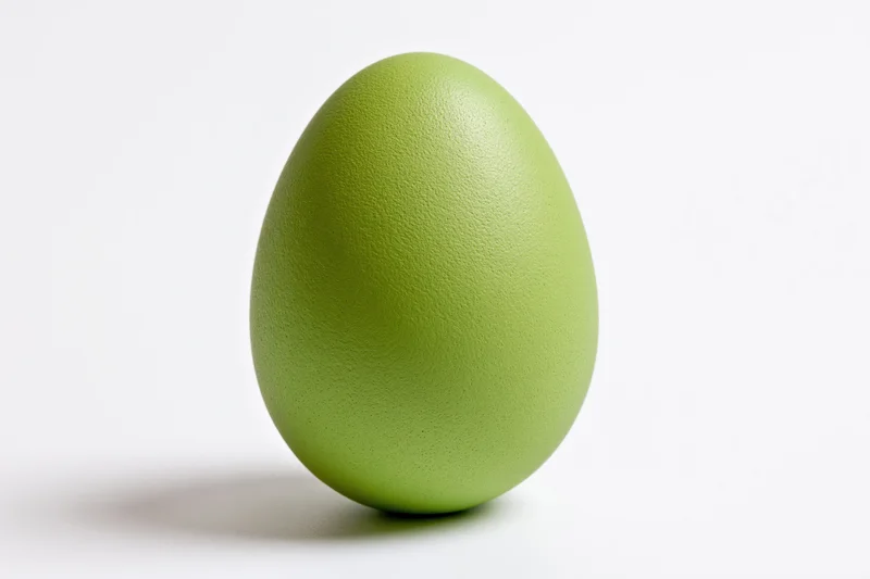 A single green-painted Easter egg standing upright on a white background