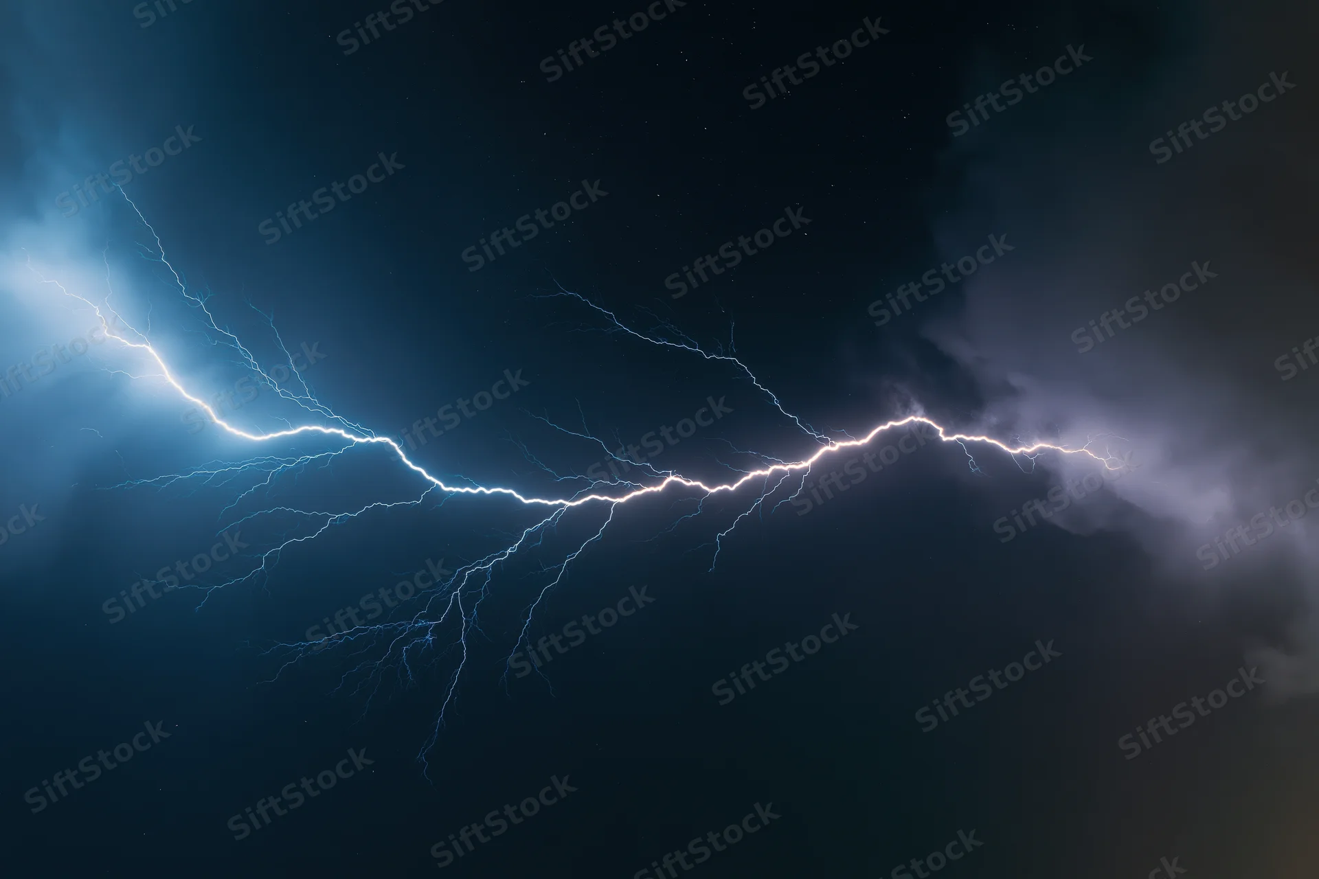 Jagged lightning bolt stretching horizontally across dark stormy sky at night
