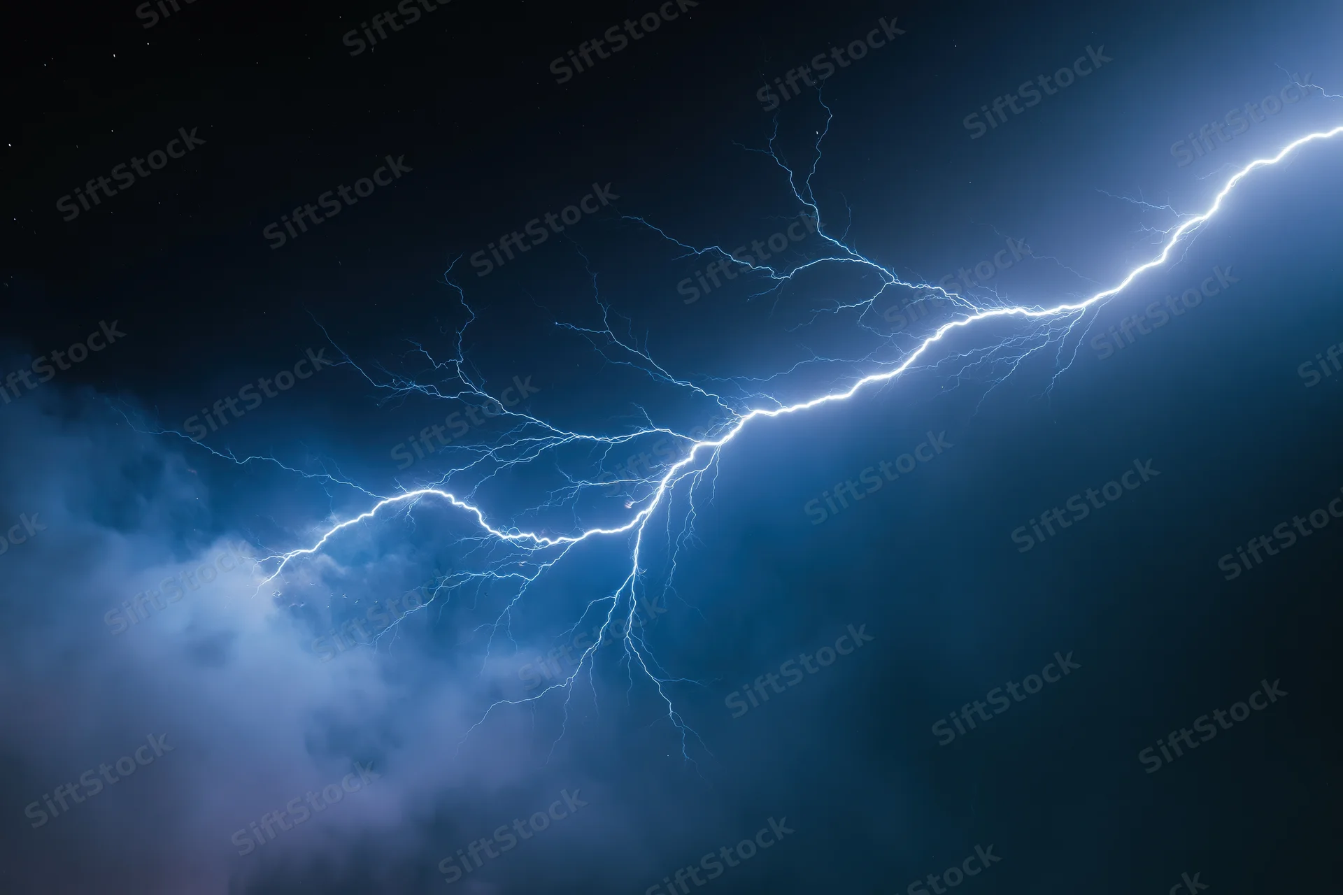Jagged lightning bolt stretching horizontally across dark stormy sky at night