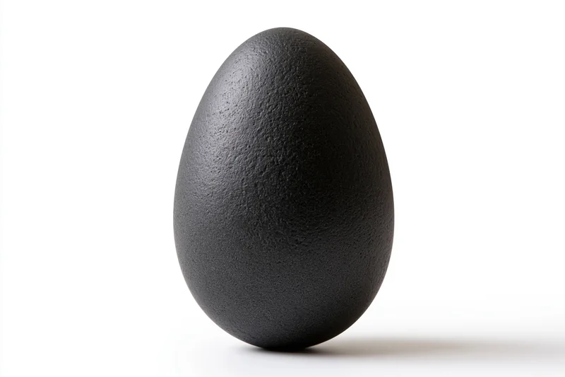 Single matte black egg standing upright centered against a white background