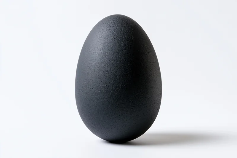 Single matte black egg standing upright centered against a white background