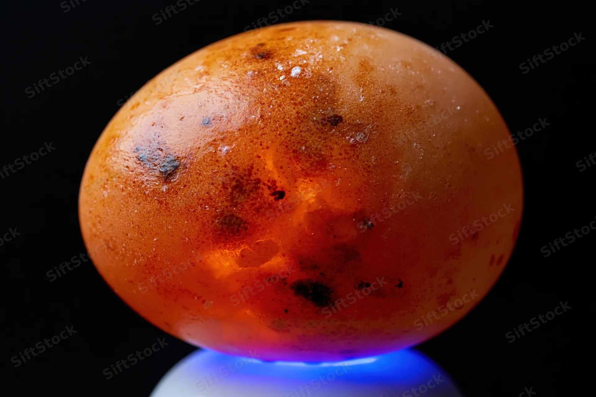 A single raw egg glowing from within against a dark background with blue light beneath