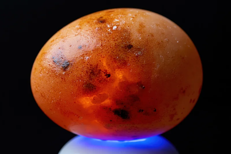 A single raw egg glowing from within against a dark background with blue light beneath