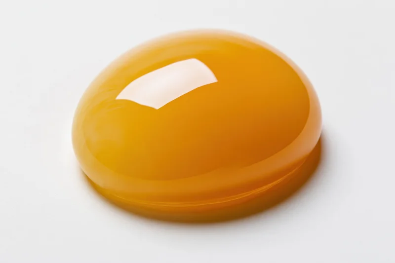 Raw egg yolk resting intact on a white surface