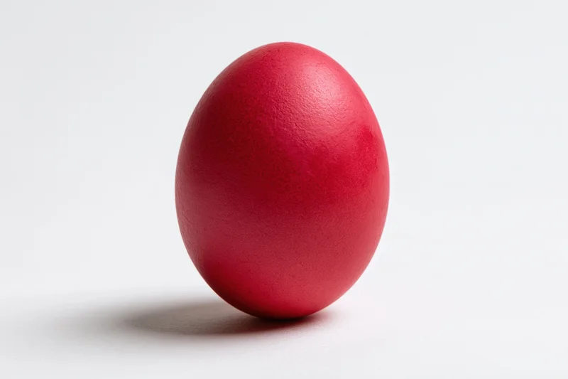 A single red-dyed easter egg standing upright on a plain white surface