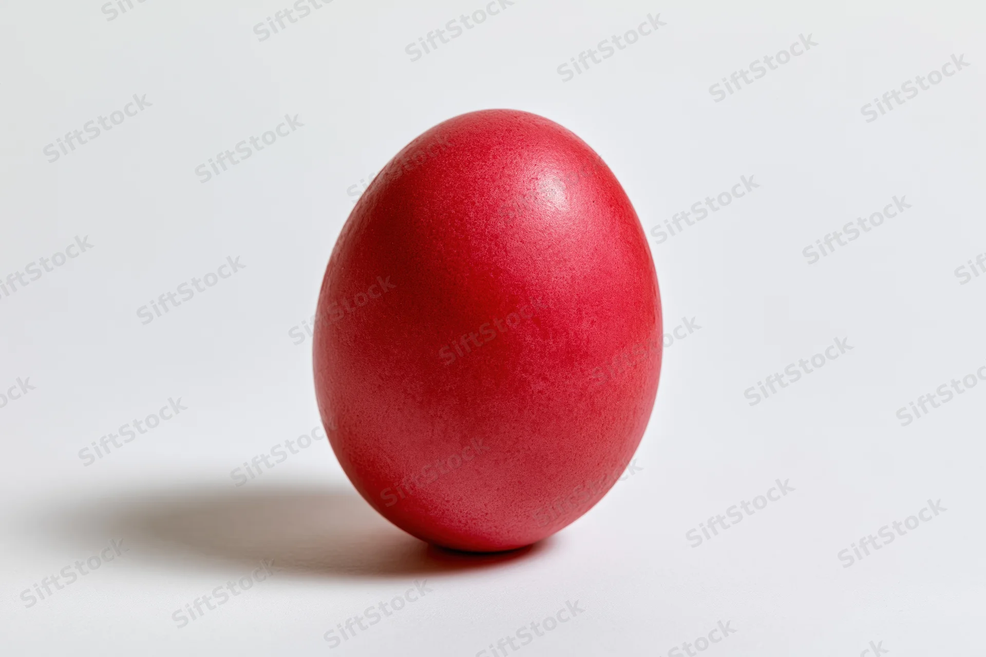 A single red-dyed easter egg standing upright on a plain white surface