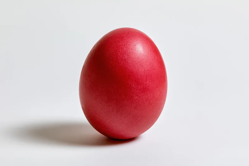 A single red-dyed easter egg standing upright on a plain white surface
