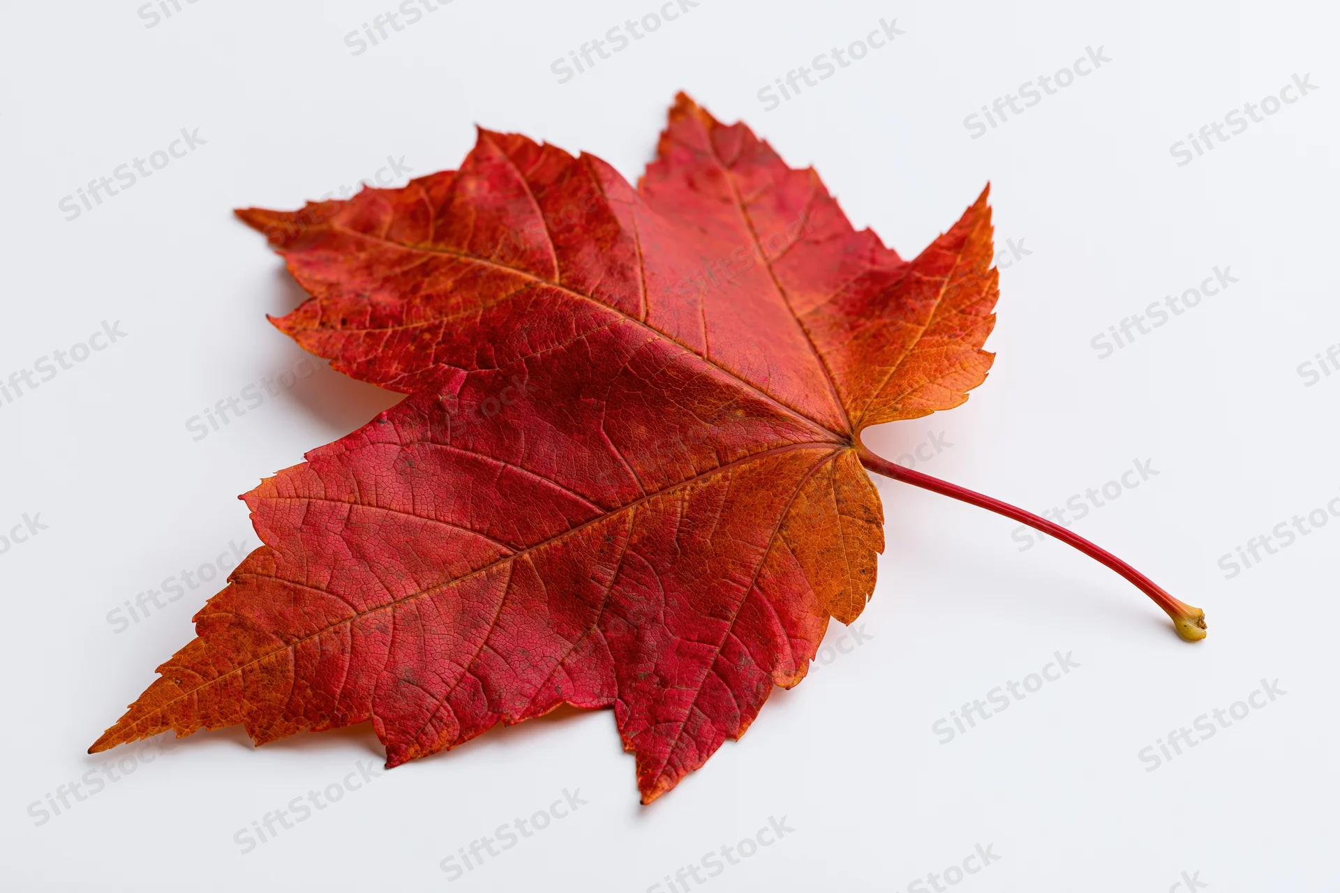 Single red maple leaf lying flat on white background