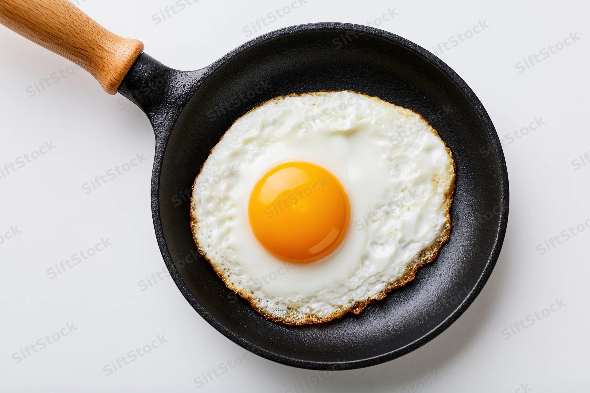 Sunny-side-up fried egg in a small black cast iron skillet with wooden handle on white background