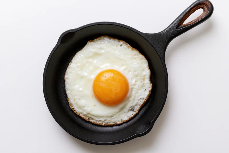 Sunny-side-up fried egg in a small black cast iron skillet on white background