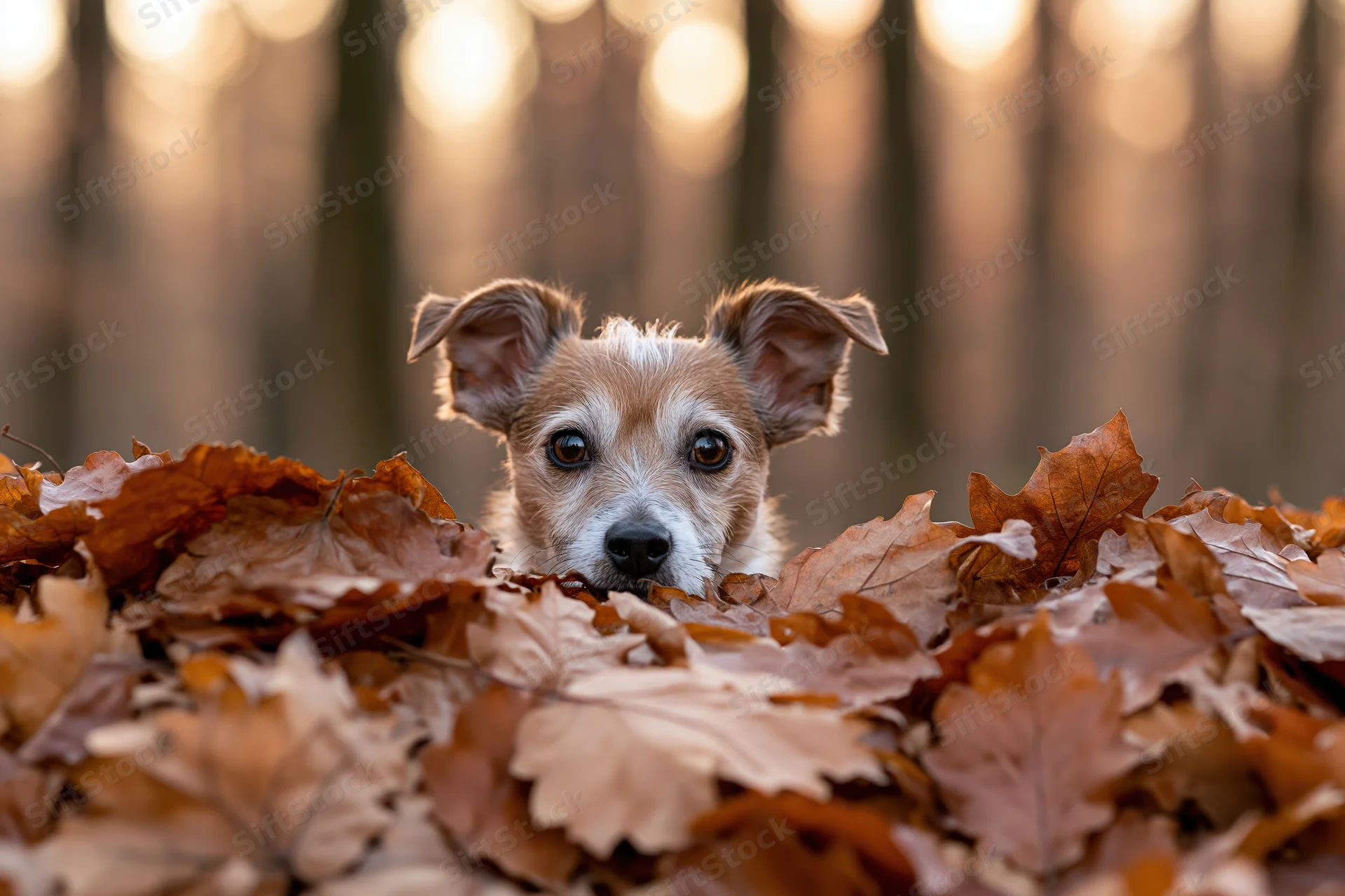 Small brown and white dog peeking from autumn leaves in a forest