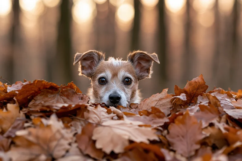 Small brown and white dog peeking from autumn leaves in a forest