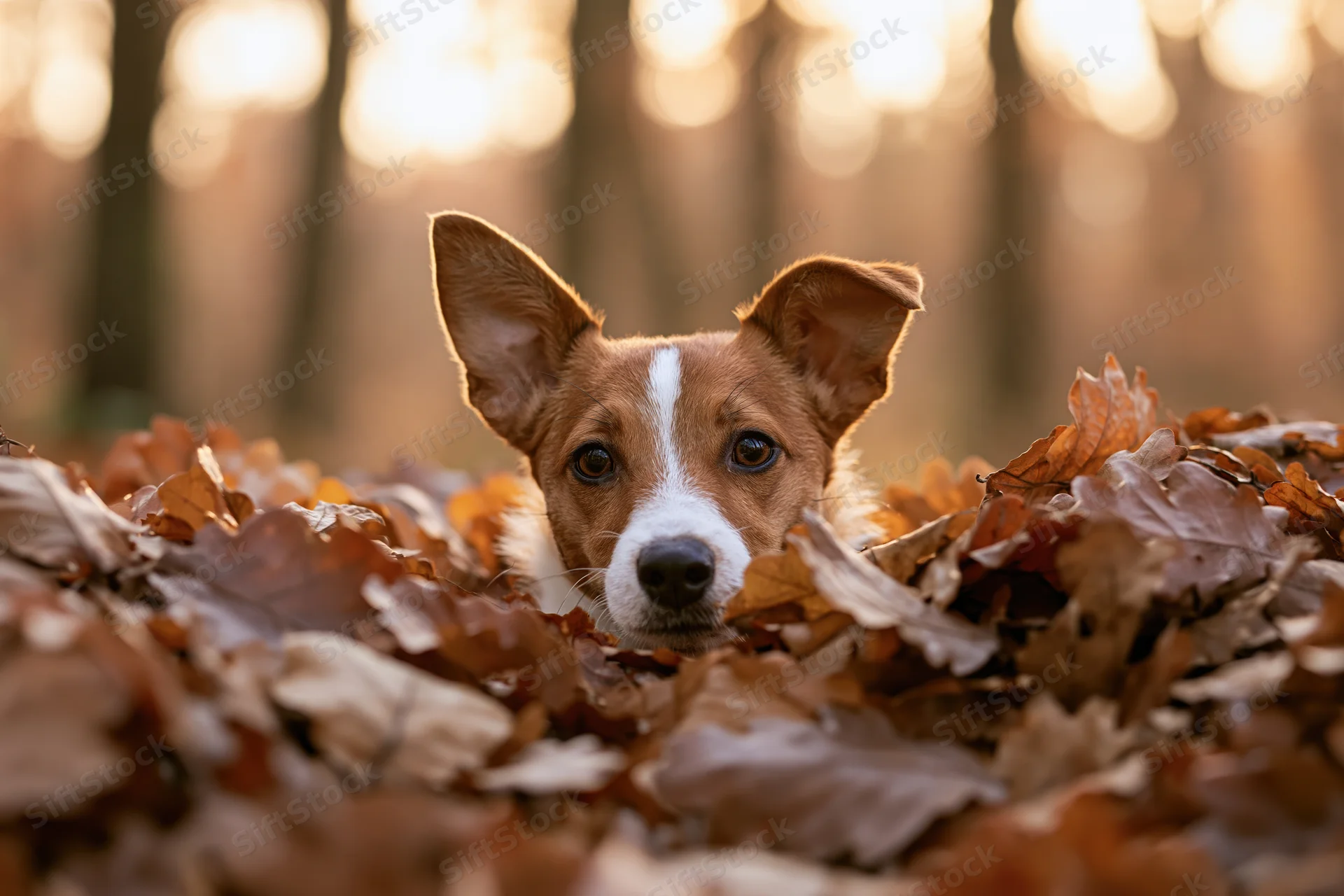 Small brown and white dog peeking from pile of autumn leaves in forest