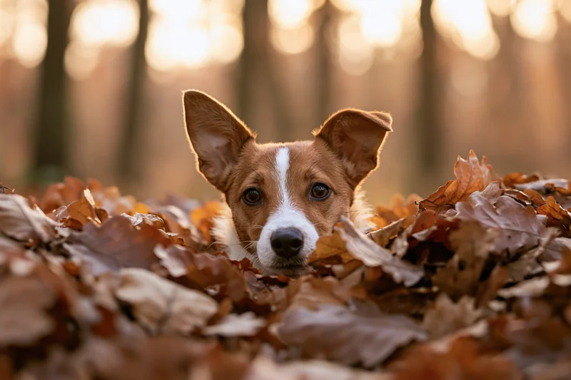 Small brown and white dog peeking from pile of autumn leaves in forest