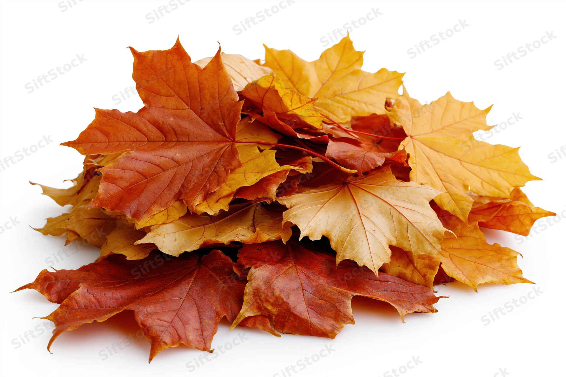 A loose pile of fallen autumn maple leaves heaped on a white surface