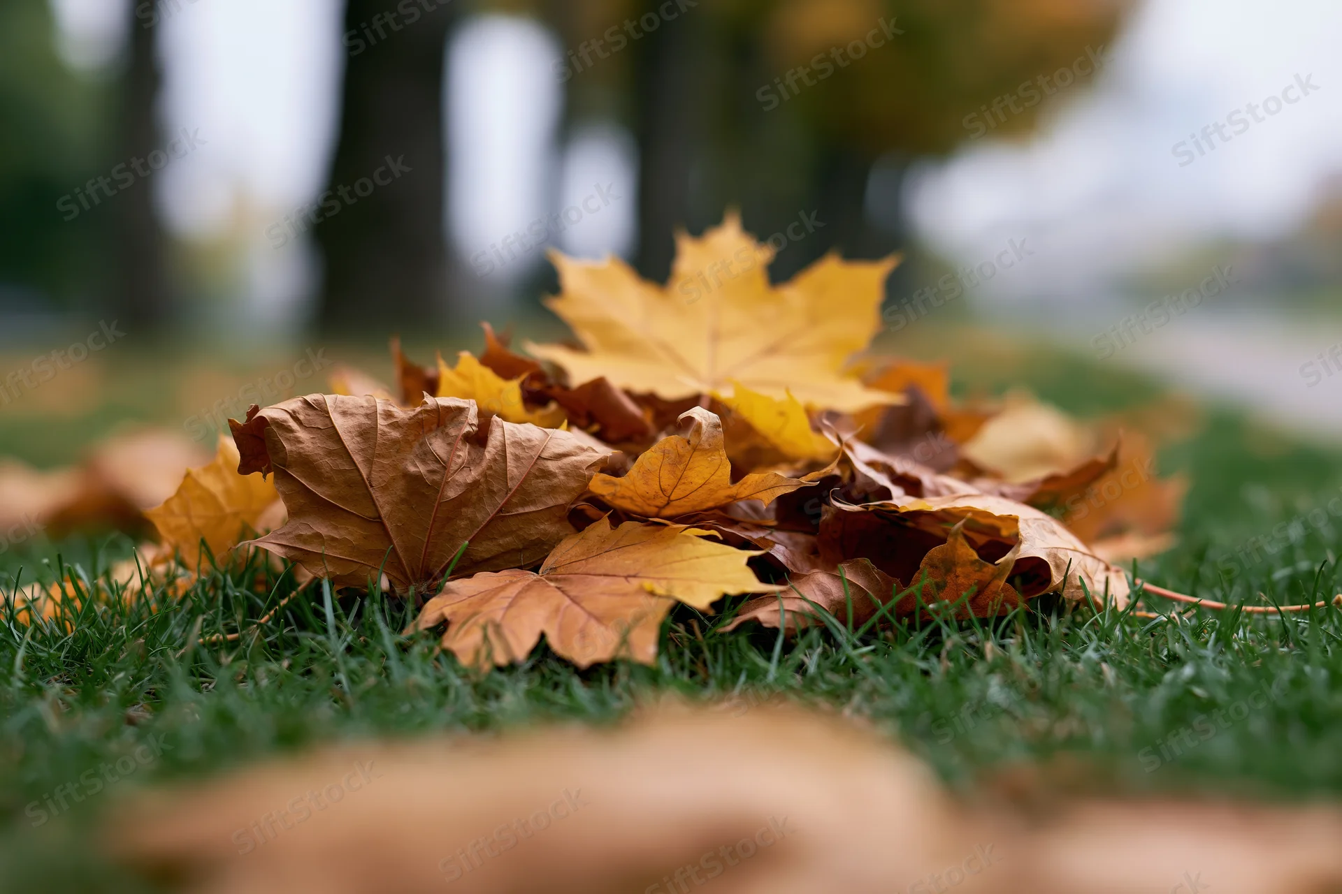 Pile of fallen maple leaves resting on green grass in autumn park setting