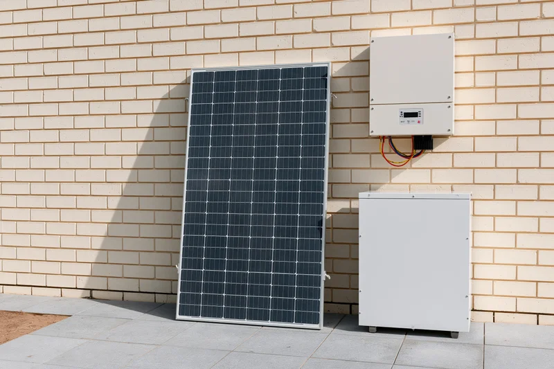 Solar panel and battery storage unit mounted on a brick wall outdoors