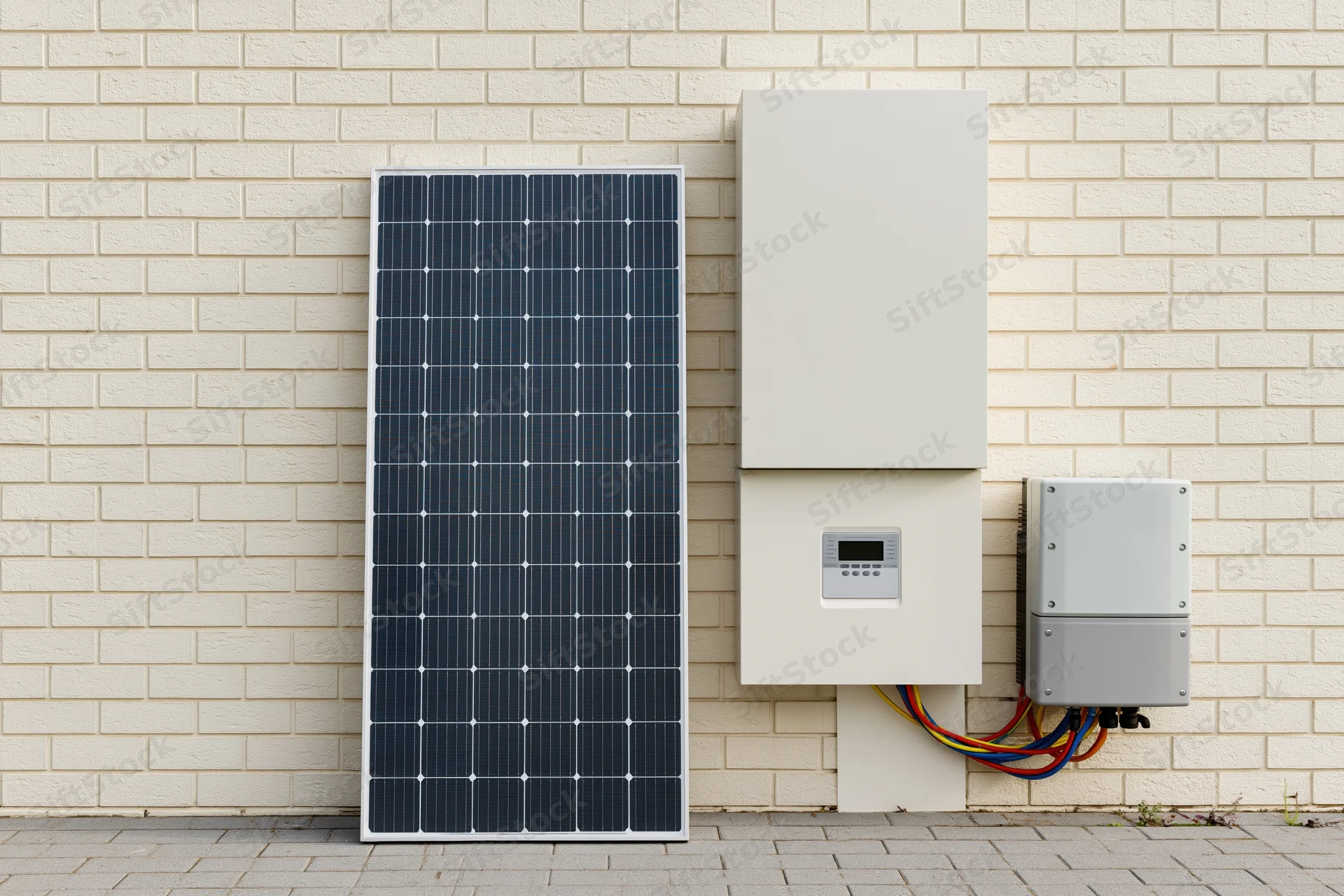 Solar panel and wall-mounted inverter with battery storage unit on brick wall