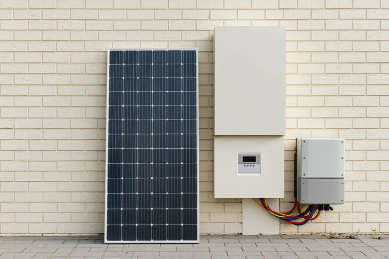 Solar panel and wall-mounted inverter with battery storage unit on brick wall