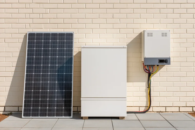 Solar panel, battery storage unit and wall-mounted inverter arranged against a brick wall on a paved surface