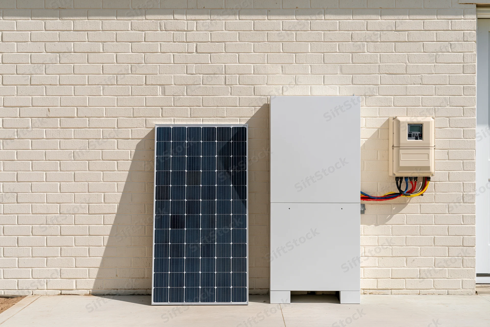 Solar panel and home battery storage unit mounted on a brick wall beside a wall-mounted inverter with visible wiring