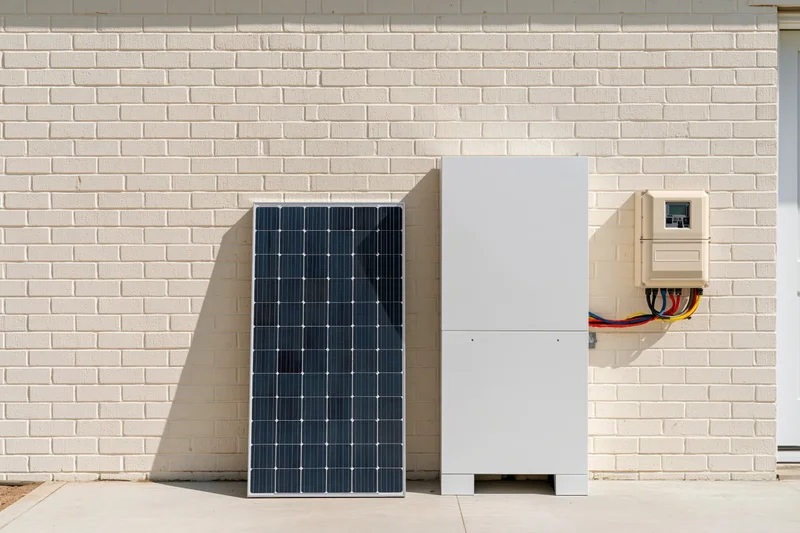 Solar panel and home battery storage unit mounted on a brick wall beside a wall-mounted inverter with visible wiring