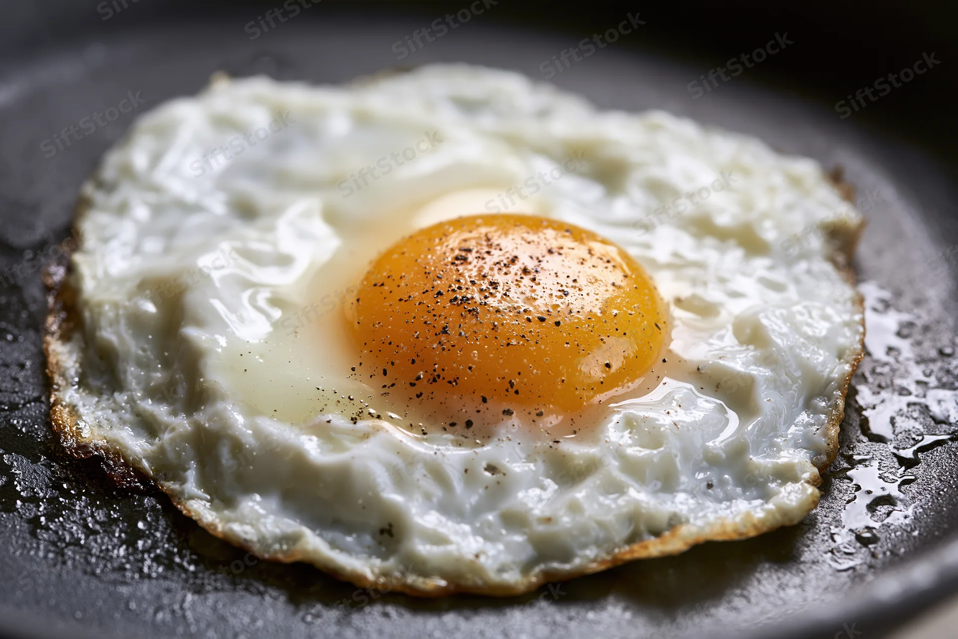 Sunny-side-up fried egg cooking in a dark cast iron pan with pepper on the yolk