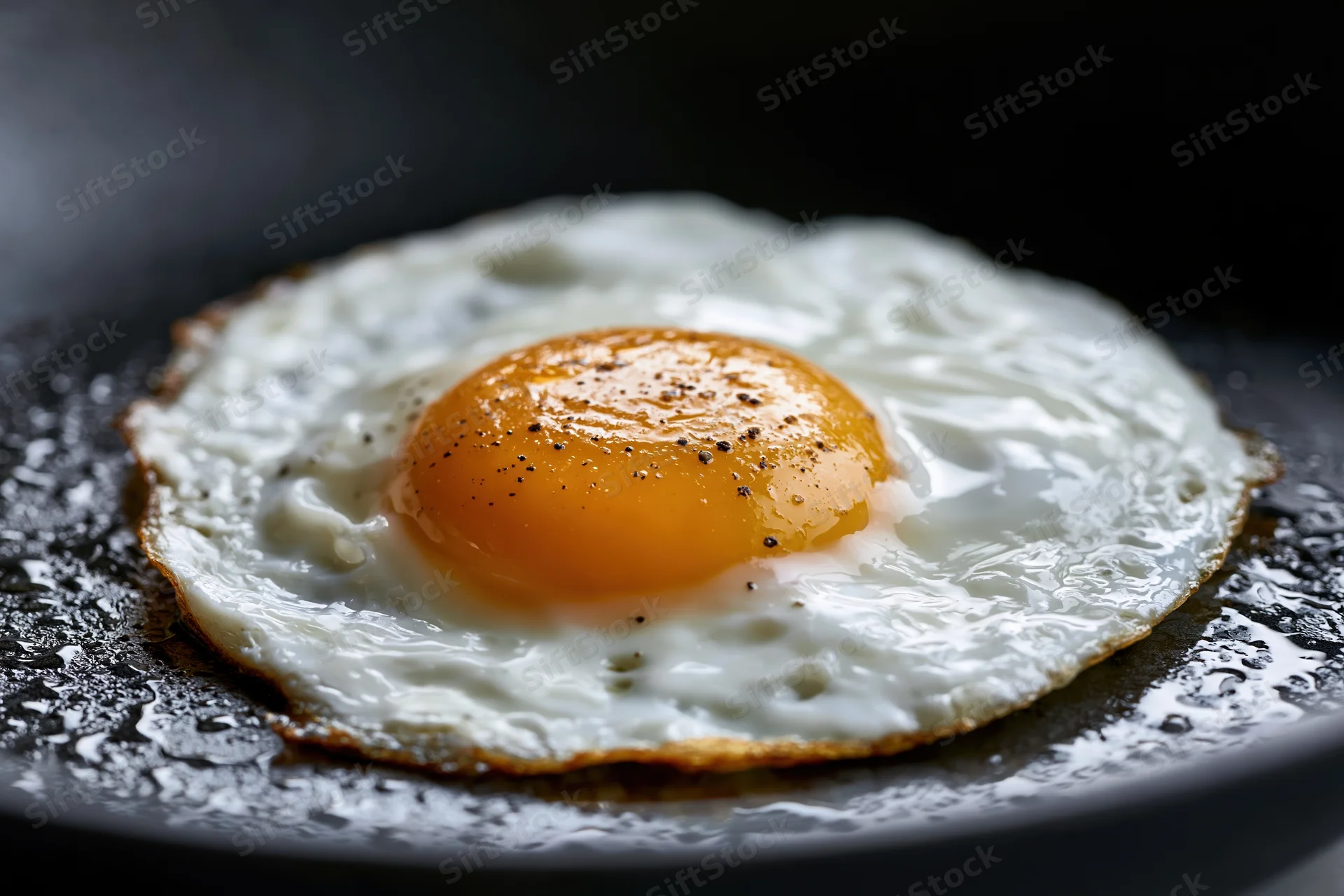 Sunny-side-up fried egg cooking in a dark cast iron pan with pepper on the yolk