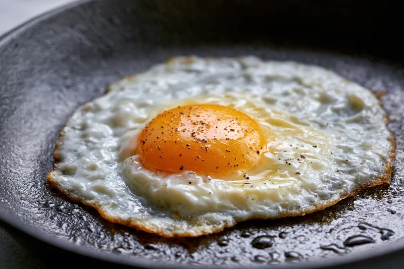Sunny-side-up fried egg cooking in a dark cast iron pan