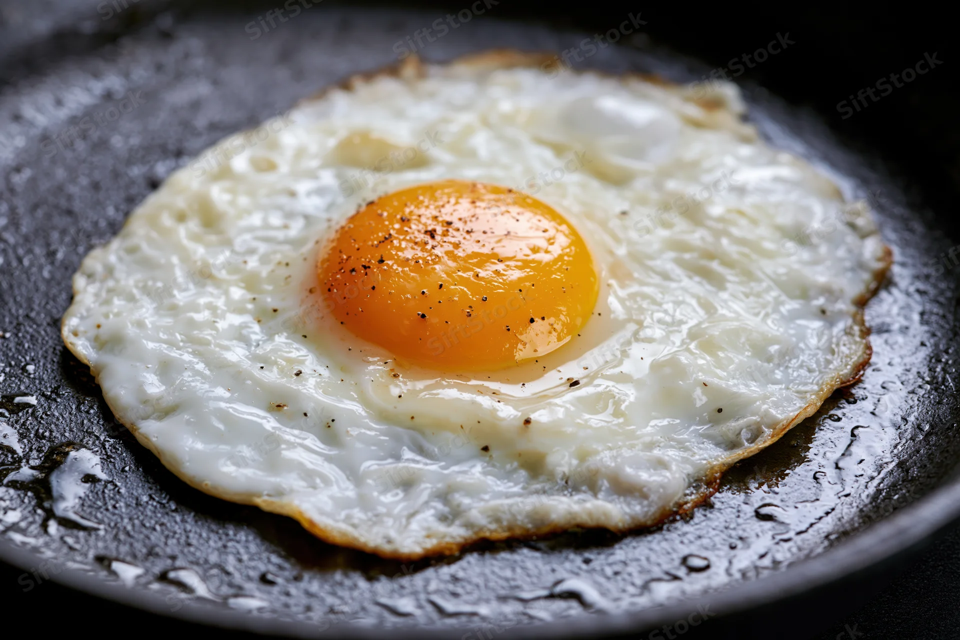 Sunny-side-up fried egg cooking in a dark cast iron pan