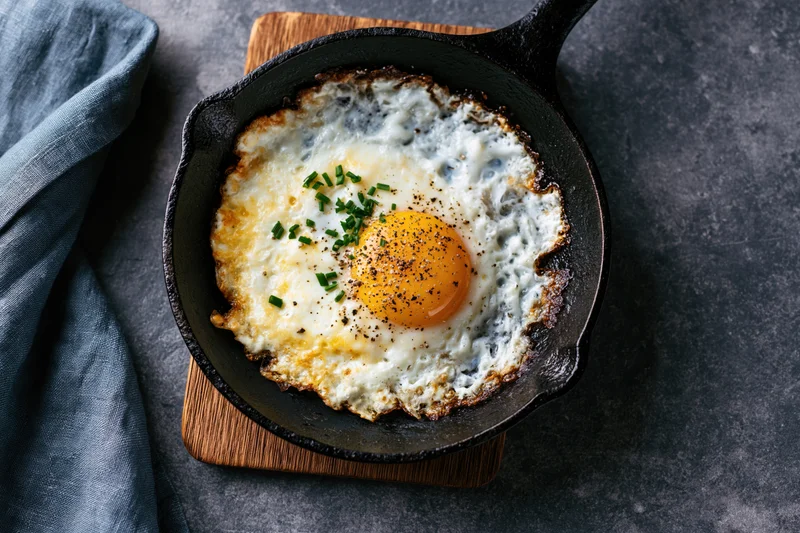 Sunny-side-up fried egg in a seasoned cast iron skillet on a wooden trivet with chives and pepper