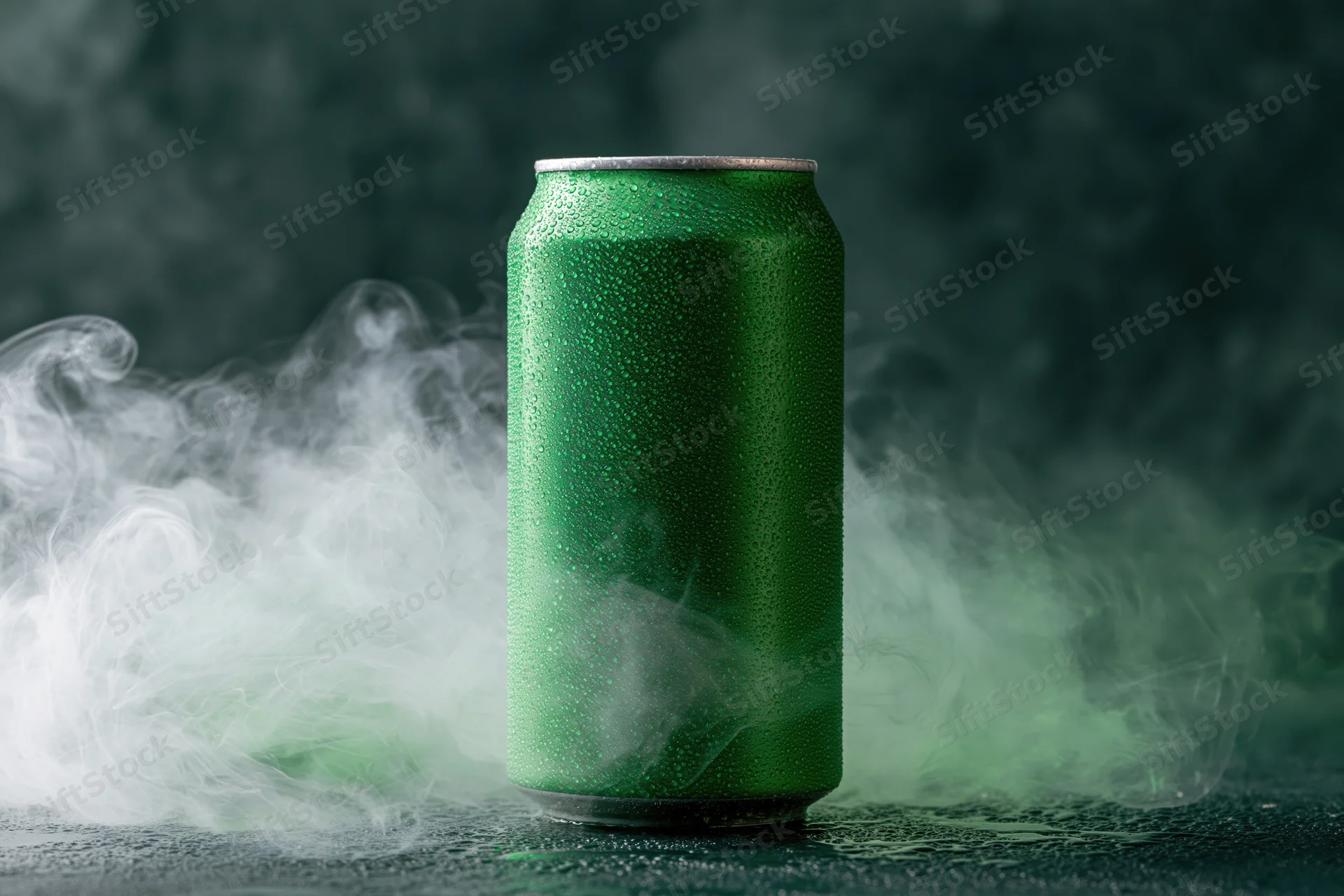 Green aluminum beverage can with condensation and mist on dark surface