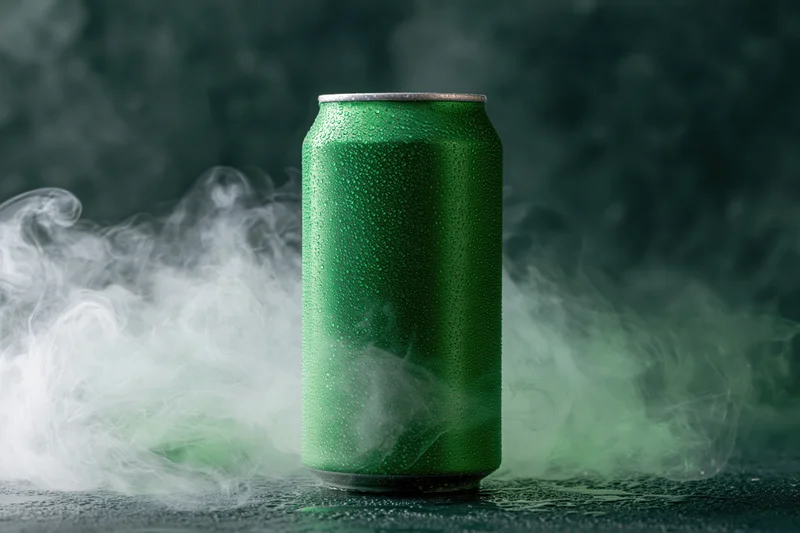 Green aluminum beverage can with condensation and mist on dark surface