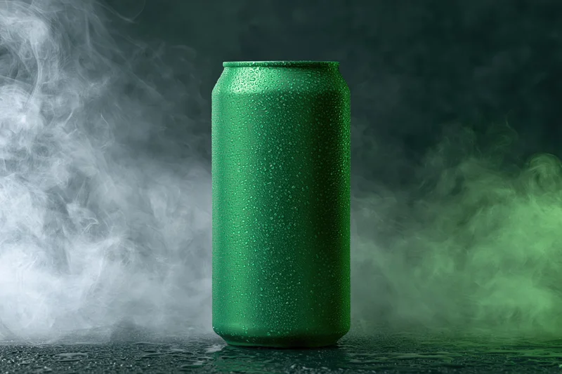 Tall green aluminum beverage can with condensation droplets standing on wet surface surrounded by swirling mist and vapor