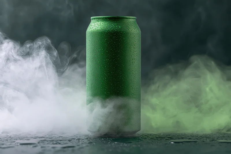 Tall green aluminum beverage can with condensation and rising vapor on dark surface