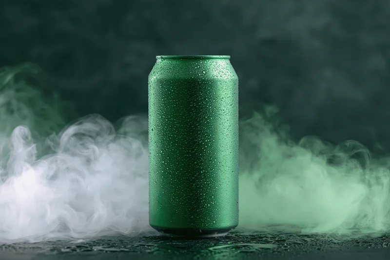 Tall green aluminum beverage can with condensation and mist on dark surface