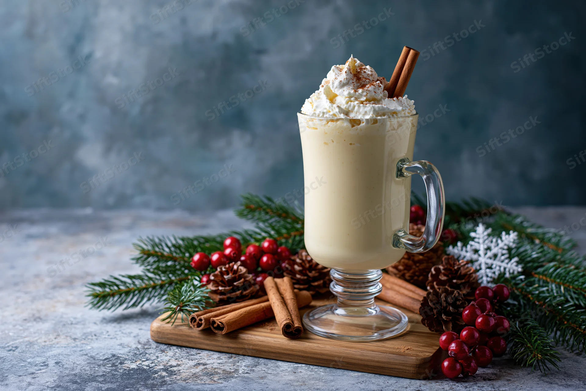 Creamy eggnog in a glass mug topped with whipped cream and cinnamon stick on a wooden board with pine branches and berries