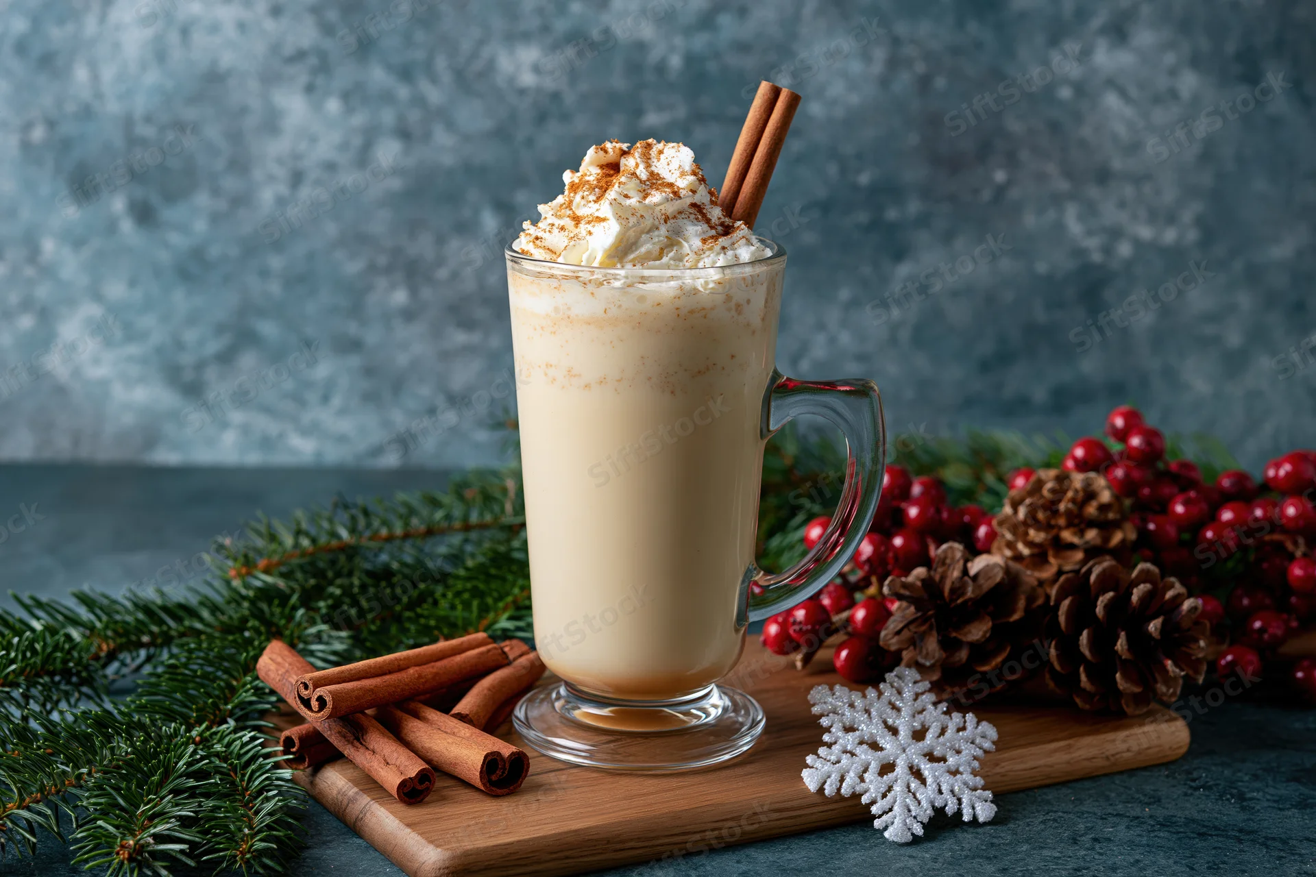 Creamy eggnog in a glass mug topped with whipped cream and cinnamon sticks on a wooden board with pine branches, pinecones, and red berries