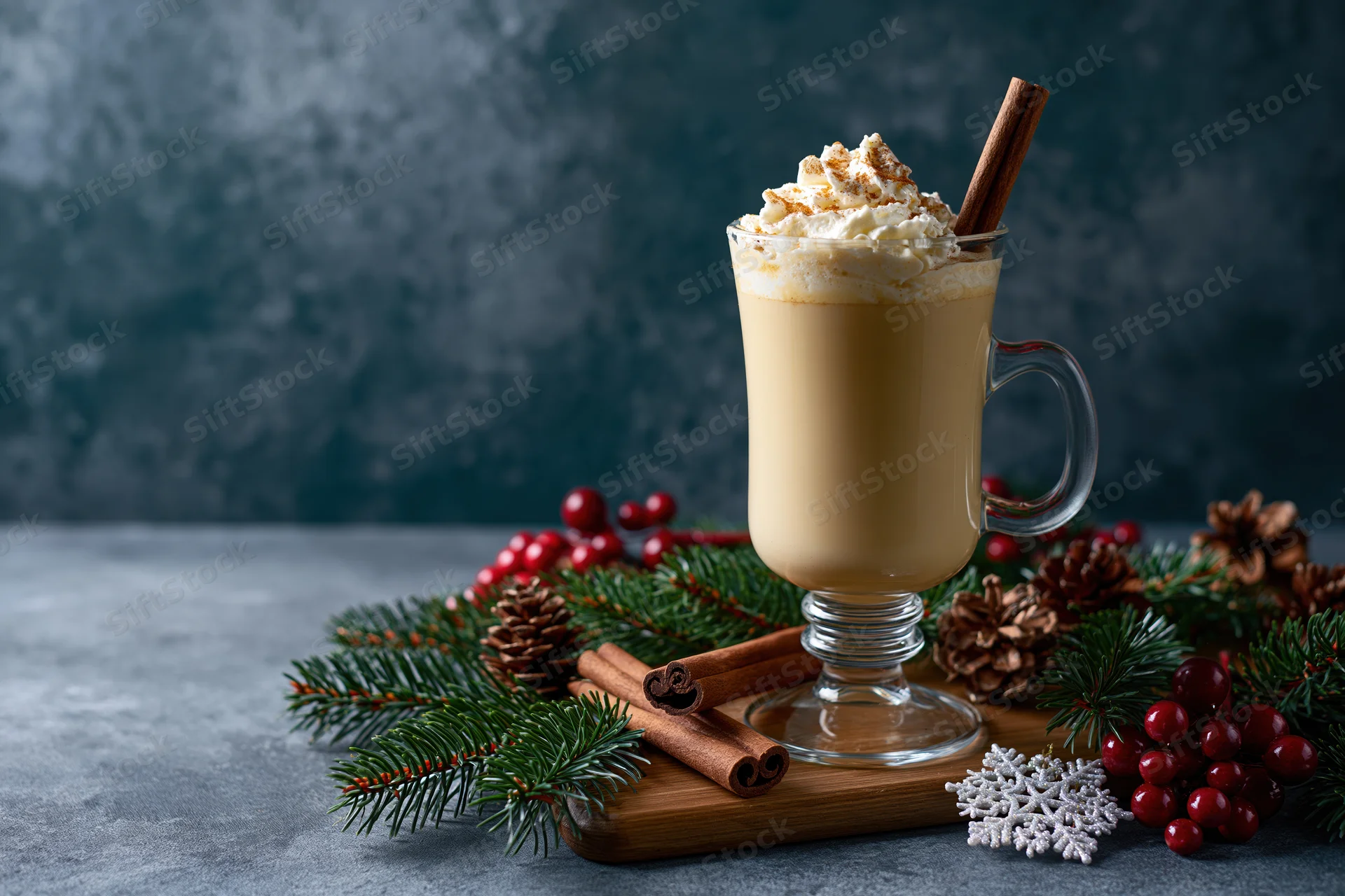 Creamy eggnog in a glass mug topped with whipped cream and cinnamon stick on a wooden tray with pine branches and cranberries
