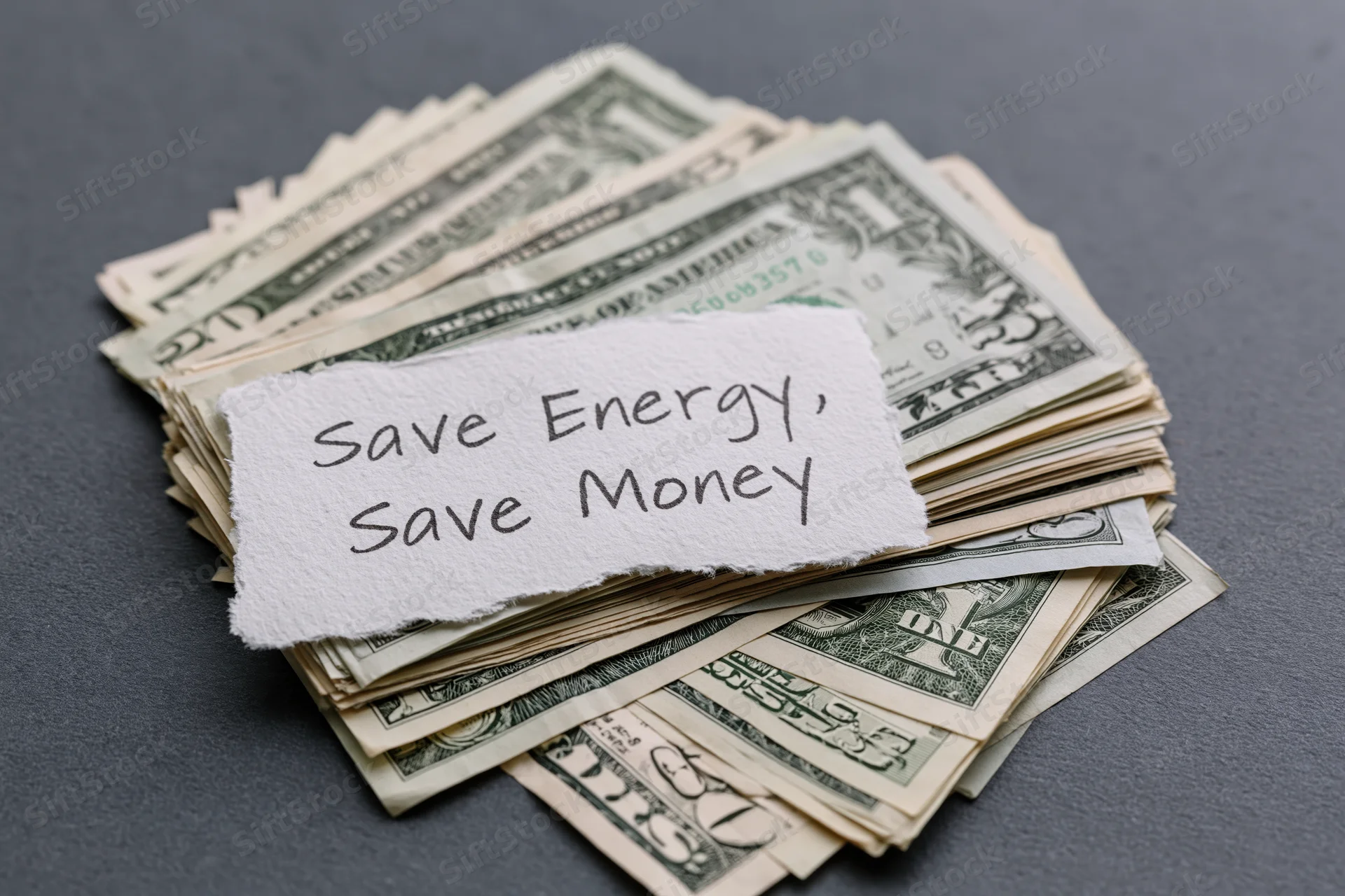 Torn paper note reading save energy save money placed on stack of dollar bills