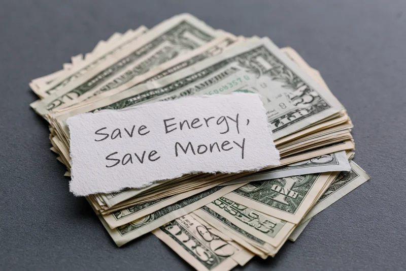 Torn paper note reading save energy save money placed on stack of dollar bills