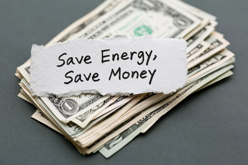Torn paper with handwritten message save energy save money placed on stack of dollar bills on gray surface