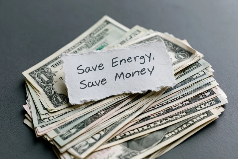 Torn paper note reading save energy save money placed on a pile of dollar bills