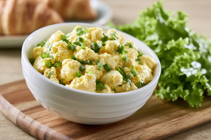 Chunky egg salad in a white ceramic bowl on a wooden cutting board with fresh lettuce and croissants nearby