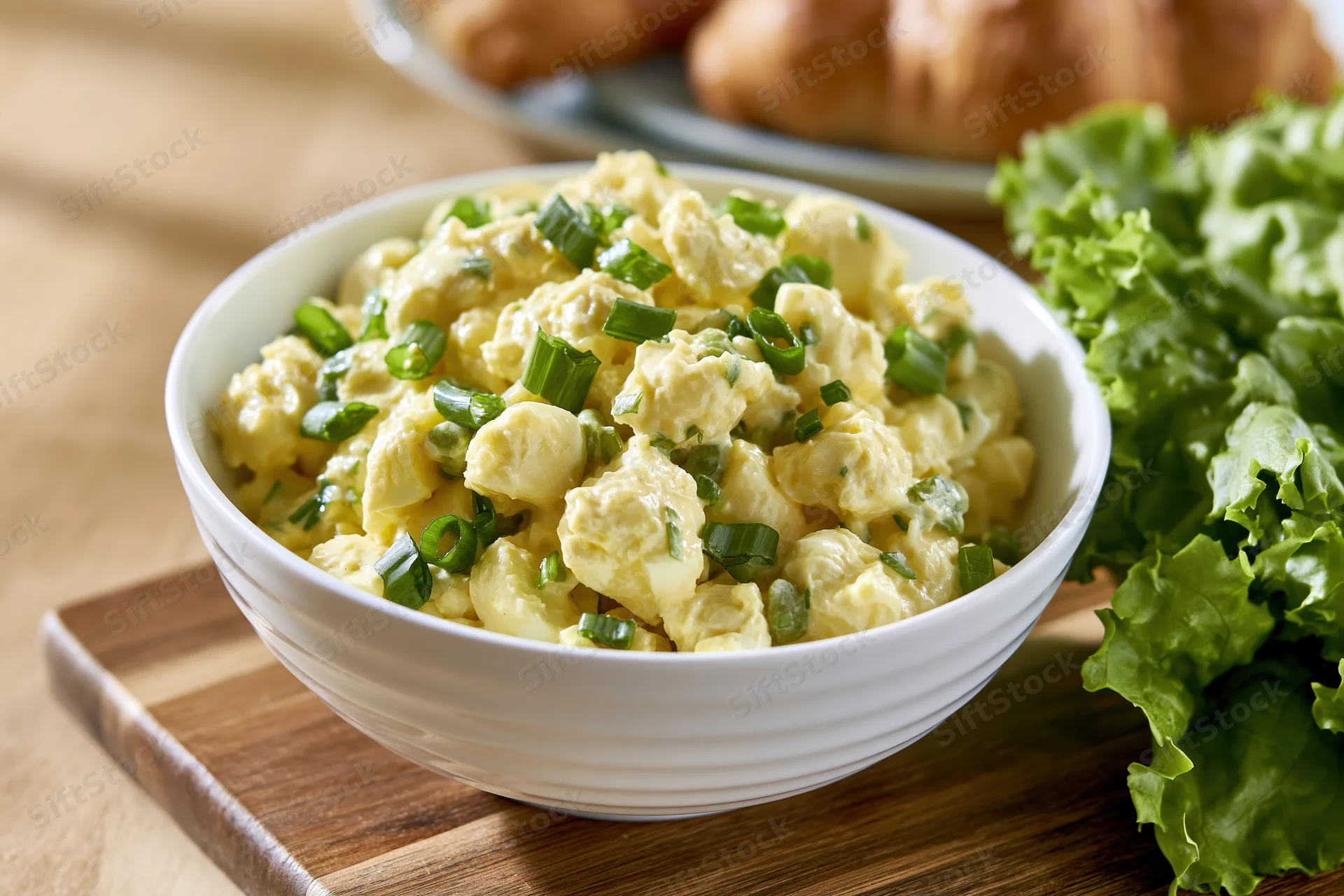 Chunky egg salad in a white ceramic bowl on a wooden cutting board with fresh lettuce and croissants in the background