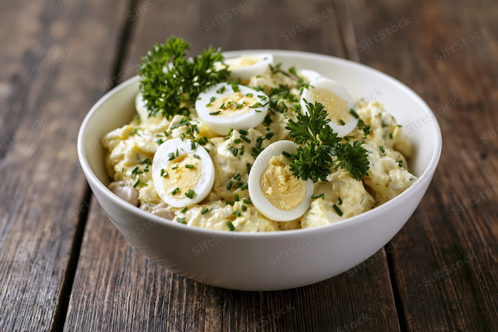 Creamy egg salad in a white ceramic bowl topped with chopped chives and parsley on a wooden table