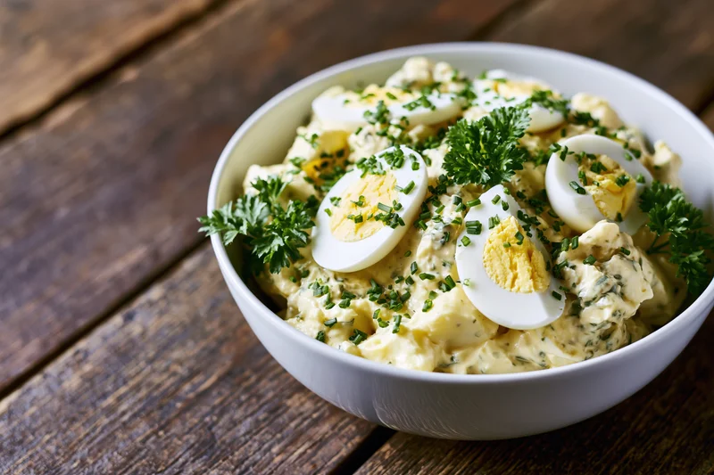 Creamy egg salad in a white ceramic bowl topped with chopped chives and parsley on a wooden table