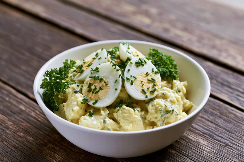 Creamy egg salad in a white ceramic bowl topped with chopped chives and parsley on a wooden table